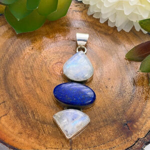 Rainbow Moonstone & Lapis Lazuli Pendant Boho Southwest Vintage Style 925